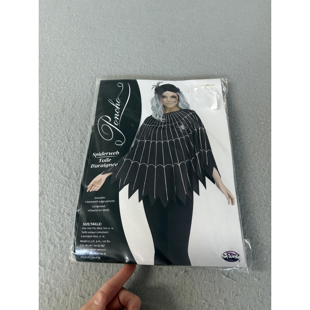 Fun‎ World Spiderweb Poncho Womens One Size 4-14 Black Silver Halloween Costume